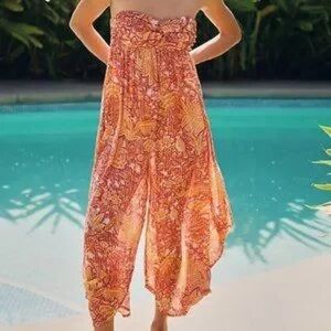 Anthropologie Orange & Yellow Strapless Floral Jumpsuit Romper